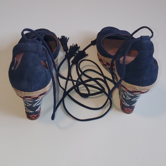CABI Isla Espadrille Wedge Sandal Navy Blue Suede Ankle Tie  Cabi espadrille wedges